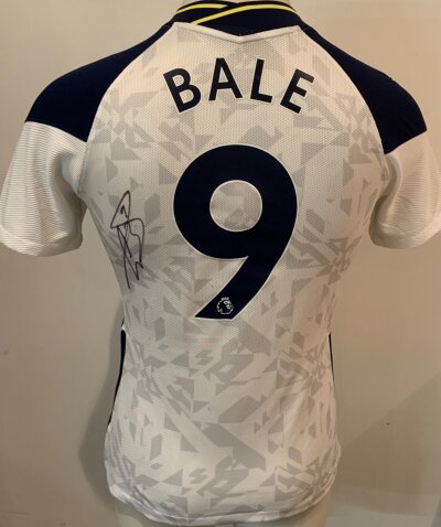 Tottenham Gareth Bale 2020 - 2021 Signed Football Shirt: White short sleeve shirt. Number 9 Bale to rear. Signed to rear by the player clearly in marker pen.