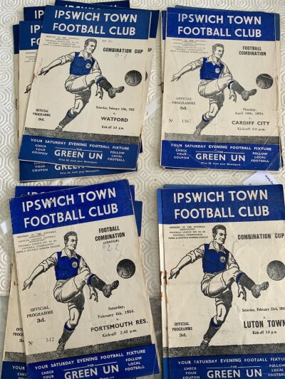 Ipswich Town Early 1950s Reserve Football Programmes: Home programmes 50/51 Portsmouth Coventry  Swindon, 51/52 Plymouth Luton Watford, 52/53 Northampton Norwich Luton Birmingham Watford x 2 Swansea, 53/54 Luton Cardiff Portsmouth x 2. Around half have score to cover but overall good. (17)