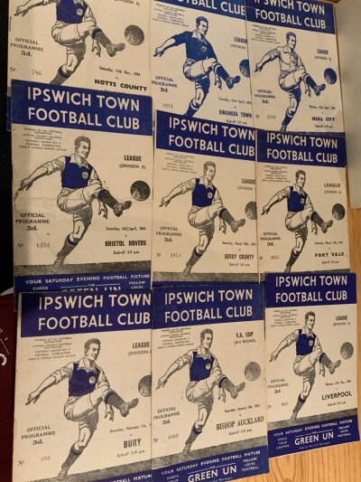 Ipswich Town 54/55 Home Football Programmes: 14 very good condition league division 2 matches plus Bishop Auckland FA Cup. (15)