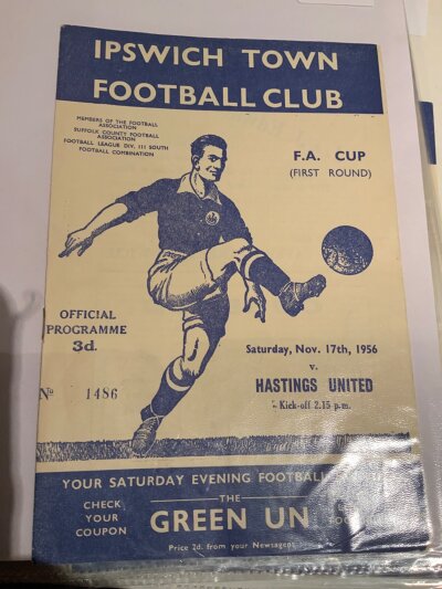 Ipswich Town 56/57 + 57/58 Home Football Programmes: From 56/57 there are 17 league division 3 matches plus Hastings + Fulham FA Cup. From 57/58 there are 18 league division 2 matches as they were champions in 56/57. Very good. (37)
