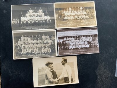 Tottenham Pre War Football Postcards: Grimsdell meets the Prince of Wales and team groups from various different makers for seasons 1913/14, 1920, 1920 champions, 1923/24. Mainly good. (5)