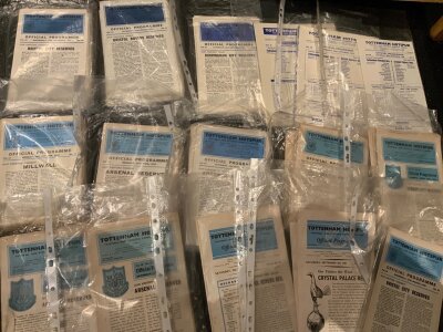 Tottenham Home Reserve + Youth Home Football Programmes: From the 60s and early 70s only we believe there are nearly 1000 and possibly a further thousand after that.. Very good condition with large duplication. 2 boxes with thousands of programmes.