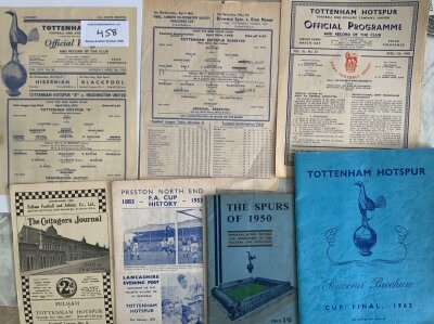 Tottenham Football Programmes + Handbooks: Home programmes v 51/52 Headington Utd Metropolitan League Cup Final, 47/48 Arsenal Reserves, British v French Army. Away souvenir programme at 52/53 Preston FA Cup, 37/38 Fulham. C/W Spurs of 1950 handbook and 1962 Cup Final brochure. Good. (7)