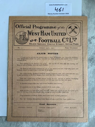 1921 - 1922 West Ham v Bradford Park Avenue Football Programme: Good condition league match with no team changes. Fold.