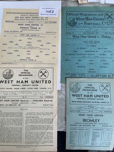 West Ham Home Football Programmes: 50/51 Ipswich ECL, 49/50 Bromley London FA Cup, 43/44 Chelsea League and 54/55 Chelsea Reserves. Very good. (4)