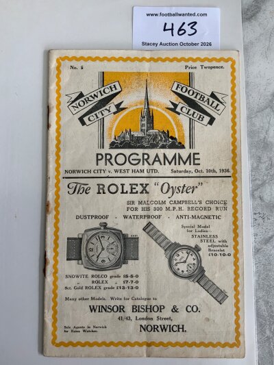 36/37 Norwich City v West Ham Football Programmes: Good condition programme with no team changes. Rusty staples holding firm.