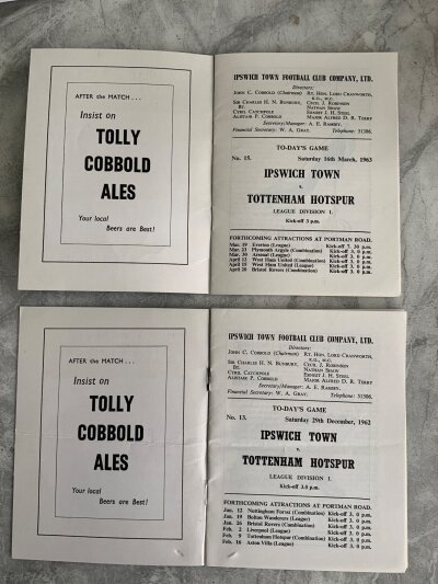 62/63 Ipswich Town v Tottenham Postponed Football Programme: Hard to obtain programme dated 29 12 1962 plus played match on 16 3 1963. Both excellent with played game having pencilled team changes. (2)