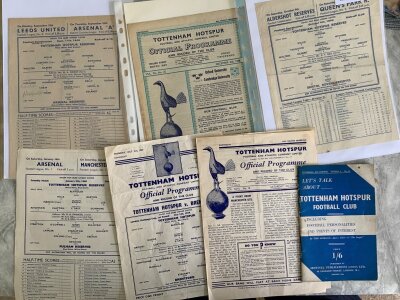Tottenham Home Football Programmes: 48/49 Bristol Rovers + Arsenal reserves, Oxford v Cambridge at Spurs, plus 3 reserves in the 50s and a late 40s Let’s Talk About Tottenham handbook. (7)