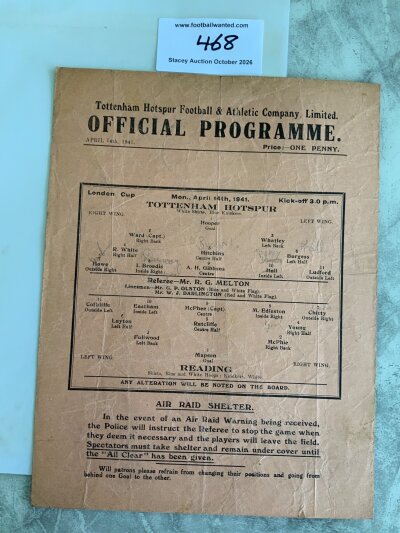 40/41 Tottenham v Reading Football Programme: London Cup single sheet dated 14 4 1941. Good with pencilled team changes and folding.