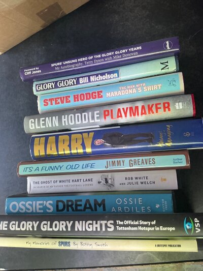 Tottenham Signed Football Books: Hardback books without dedication to include Greaves Ardiles Hoddle Hodge Nicholson and Dyson. (10)