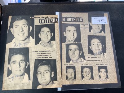 59/60 Tottenham Fully Signed Football Team: Double page magazine photos of 11 Spurs players. All 11 have signed including Blanchflower Baker Henry Norman Jones and Harmer.