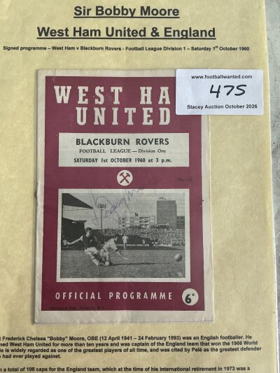 Bobby Moore Signed West Ham Football Programme: 1960 home programme v Blackburn signed to cover by Bobby Moore.