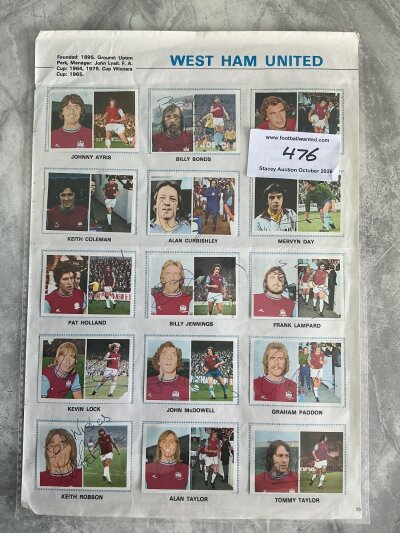 West Ham 1975 FA Cup Winners Signed Football Cards: Page removed from 1976 sticker album signed by all 15 including the 11 FA Cup winners to their individual sticker.