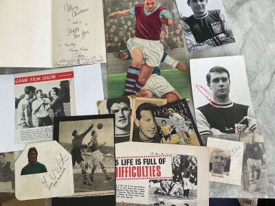 West Ham Signed Football Magazine Pictures: Christmas card from Redknapp and Lampard plus small pictures including Smillie Kirkup Paddon Byrne Hooper with photos of Hurst and Brooking. (14)