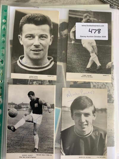 West Ham 1960s Signed Football Postcards: Individual postcard size photos of Moore Peters Hurst Byrne Sissons and Woosnam all hand signed without dedication. CW a further of Moore Hurst and Peters signed by World Cup goalscorers. (7)