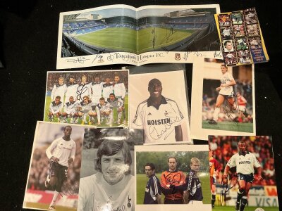 Tottenham signed football memorabilia: Includes 1996-97 multi signed handbook. Large photos of Walker, Ferdinand,Peters, Hoddle. Panoramic view of White Hart Lane signed by 13 and signed magazine pictures which include Venables.