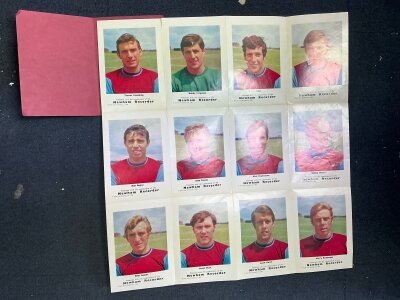 Rare West Ham Newham Recorder Football Cards: Very large pull out poster with 12 player colour profiles including Moore Hurst and Peters all in a West Ham kit. What is unusual is these are often in single or double cards but all 12 form a large poster which folds up into a booklet with the title The Hammers 1968/69. Hard to obtain.