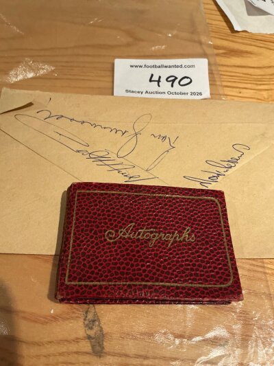 West Ham 1963 Autograph Book: Small autograph book to include Byrne Musgrove Dickie Sealey Scott Lyall Brown Peters Hurst Kirkup Crawford and Bovington. C/W some Fulham players to include Dodgin Macedo Cook Haynes Langley and others. A few are back to back. Separately there is an envelope signed by Hurst Peters and Greenwood.