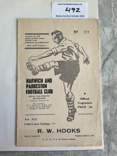 55/56 Harwich + Parkeston v West Ham A Football Programme: Eastern Counties league match in very good condition with no team changes.