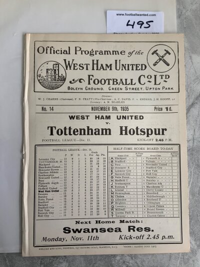 35/36 West Ham v Tottenham Football Programme: White ex bound division 2 programme in excellent condition with no team changes.