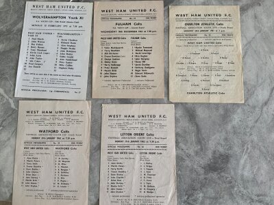 West Ham Reserve + Youth Football Programmes: Home single sheets Youth Cup v 60/61 Charlton, 61/62 Orient, Watford, 63/64 Fulham, 70/71 Wolves. Floodlit friendlies v 55/56 Millwall, Crystal Palace, 53/54 QPR. 70/71 Wolves away youth cup replay and 2nd replay. Reserves at Arsenal from 51/52 54/55 56/57 plus 59/60 SPFC. Good. (14)