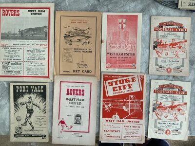 1950s West Ham Away Football Programmes: Liverpool 54/55 55/56, Stoke 53/54 with team group insert, Lincoln 53/54, Doncaster 53/54 54/55, Middlesbrough 54/55, Port Vale 55/56. Very good. (8)