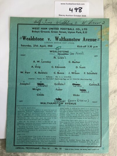 39/40 London Senior Cup Final Football Programme At West Ham: Wealdstone v Walthamstow Avenue single sheet dated 27 4 1940. Good condition with writing.