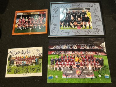 West Ham Multi Signed Football Team Groups: To include 1992- 93 Promotion team and 2001-02 in A4 size. 
Large 2010 2011 and 2019 -20 wearing the unusual DT 38 shirt