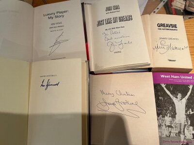 West Ham Signed Football Book Collection: Undedicated autobiography’s of Ron Greenwood Joe Cole Jimmy Greaves and a Lyall dedicated to Peter. There are some 80s annuals with autographs to each. 1980 cup final programme signed by 4 and more.