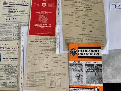 West Ham Football Programmes: Home v 56/57 Crystal Palace youth cup, 52/53 Tottenham, Brentford at Chelsea both London fa cup,. Aways at 62/63 Finchley, Ilford, 67/68 Guildford + 71/72 Hereford FA Cup. Good. (7)