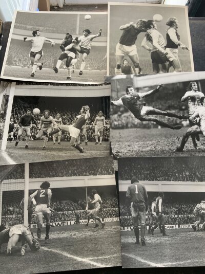 1975 West Ham v Arsenal FA Cup Football Press Photos: 7 very large press photos 4 with press stamps of match action including Alan Taylor’s first goal. C/W 5 more press photos of which 2 have been wired of the same teams playing in a similar era. (12)