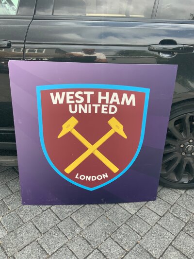 West Ham Crest Large Football Display: Superb modern Hammers sign with purple background measuring a massive 39 x 39 inches. Instructions to sell.