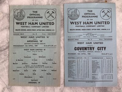 West Ham Home Football Programmes: 48/49 Arsenal Eastern Counties League, 49/50 Coventry, 50/51 Arsenal Paynter testimonial all very good and a few more.