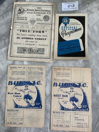 1950s West Ham Away Football Programmes: Includes 47/48 Chesterfield, 50/51 Luton, Bury, 51/52 Bury, Rotherham, Notts County, 52/53 Leicester, Notts County, 53/54 Derby, 54/55 Notts County, Derby, 56/57 + 57/58 Notts County. Good. (13)