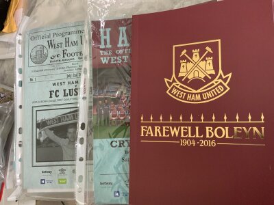 West Ham Complete Last Season Upton Park Programmes: All 26 home programmes from 2015 - 2016 matches including first match Lusitania and last match Manchester United and everything in between. C/W first 14 programmes from new stadium in 2016/17 and a few aways. Mint.