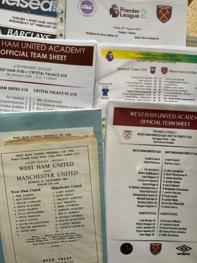 West Ham Football Team Sheets: Wide range of home and away right up to 25/26 season. Includes Premier League 2, U17 etc. Small selection of 1st team 60s and 70s programmes also. Instructions to sell. (Box)
