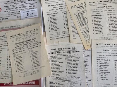 West Ham Home Reserve + Youth Football Programmes: 18 of the small size single sheets to include 61/62 Tottenham Youth Cup, 68/69 Chelsea + Barnet LCC. There are some more from the 80s + 90s. (60+)