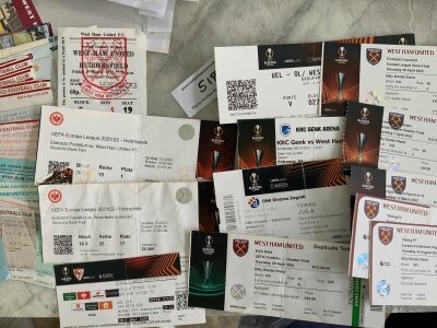 West Ham Football Ticket Collection: Over 50 aways starting from 76/77 Manchester City up to 25/26 season. Around 30 homes which are mainly 80s onwards with the exception of 66/67 Swindon, 71/72 Huddersfield. Includes some modern European aways. (est 80+)
