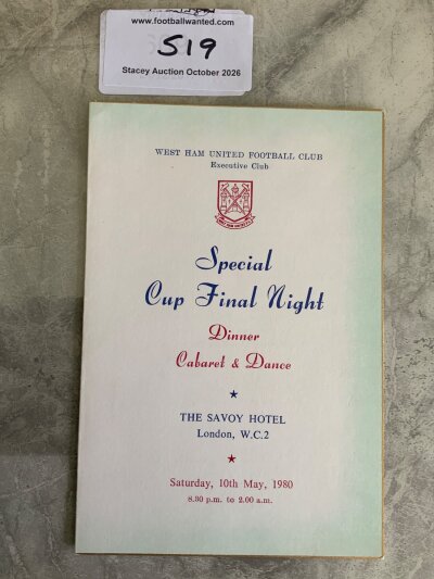 West Ham 1980 FA Cup Final Football Menu: Held in London the evening of the win over Arsenal. Very good.