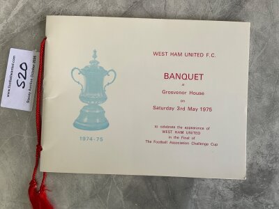 West Ham 1975 FA Cup Final Football Menu: Held in London the evening of the win over Fulham. Excellent with claret ribbons.