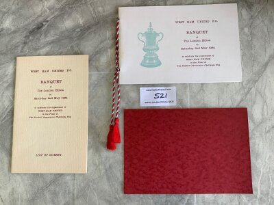 West Ham 1964 FA Cup Final Football Menus: Held in London the evening of the win over Preston. C/W seperate lists of guests and Wembley souvenir. (3)