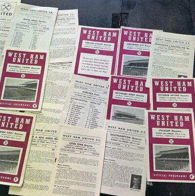 West Ham Reserves Football Programmes: From the 50s onwards in often good condition to include 1959 Blackburn Youth Cup final away. Worth a look. (Est 50)