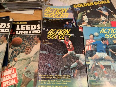 Football Publications: Action Soccer volume 1 numbers 1 2 + 3, Purcell 1970 pull out poster x 2, Brochures for big events from Stevenage Barnet Yeovil Tranmere Manchester City Bolton Bradford City Rochdale Wycombe, yearbooks, handbooks, Athletic News 43/44 44/45 45/46. FA Cup brochures for 49 Leicester, 50 Liverpool, 64 Preston. Nice. 1952 cartoon brochure of the story of Aston Villa. Worth a look.
