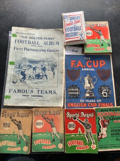 Old Football Publications: 1903 - 1904 Golden Penny Football Album with many team groups including Manchester United Tottenham Liverpool and Sunderland, Sports Argus pocket annuals from 49/50, 1935 Jubilee Edition FA Cup Annual plus a few team group football cards presented with the Hotspur.