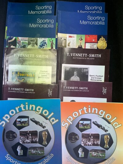 Football Auction Catalogues: 121 Sportingold catalogues up to the last printed one in 2022. C/W catalogues for Mullocks and Vennett Smith. Instructions to sell. (2 boxes)