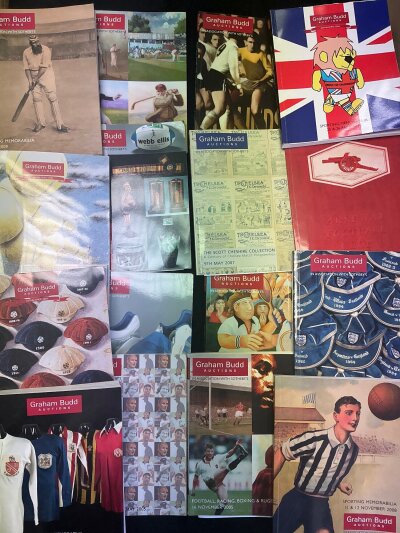 Football Auction Catalogue Collection: 35 x Graham Budd from 2004 to 2019 and 46 Christies from 1988 to 2007. C/W 23 x Bonhams and more. Instructions to sell. (2 boxes)
