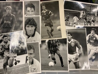 1990s Football Press Photos: Black and white with press stamps covering many different clubs with most being individual players in various sizes. (85)
