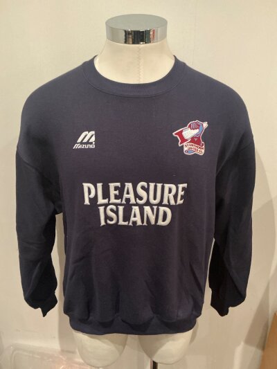 Scunthorpe United 1990s Prototype Football Garments: Produced as samples for the soon to be shirt provider Mizuno and direct from the sales manager. Large navy blue sweatshirt and grey t shirt both with Pleasure Island sponsorship. (2)