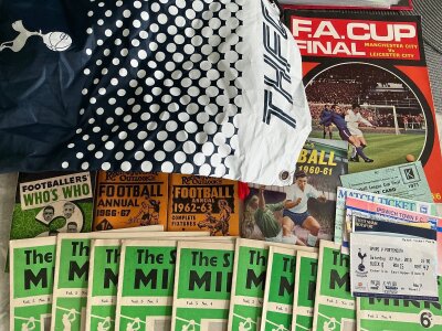 Football Memorabilia Box: Interesting with unused scarves of Chelsea Manchester United and England, Tottenham boot bag, magazines and books to include late 40s Sporting Mirror, tickets, photos, books, pocket annuals and Chelsea bag.