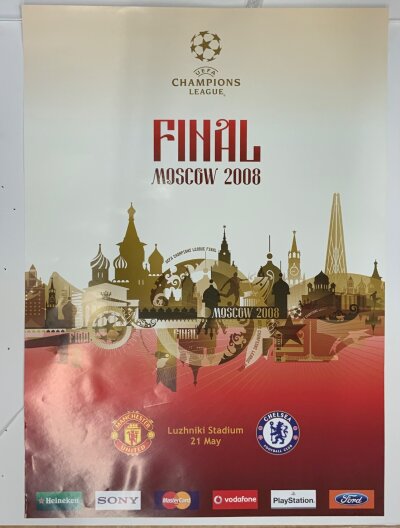 2008 Champions League Final Football Poster: Chelsea v Manchester United original poster measuring 27 x 19 inches.